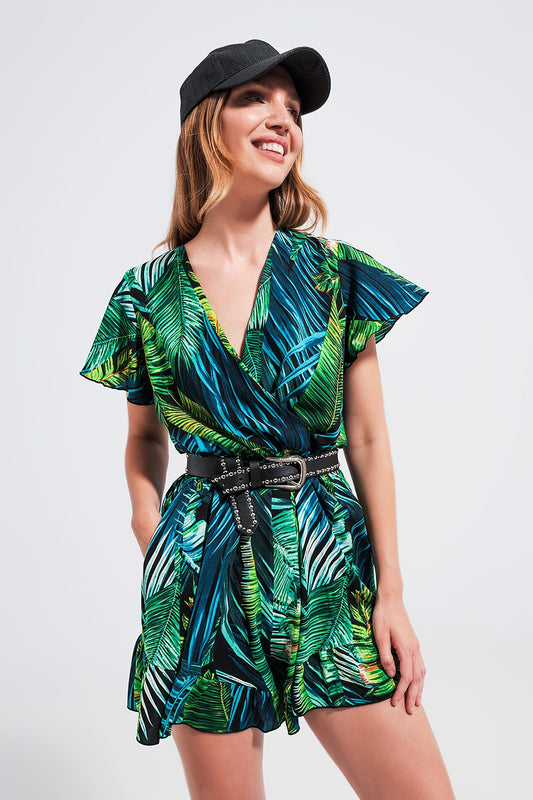 Wrap jumpsuit in green tropical print | Just Cool Beans — dresses