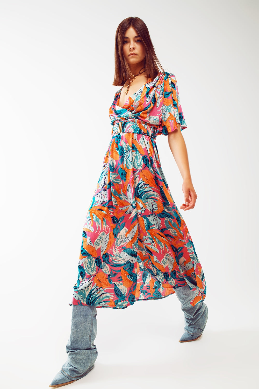 Wrap maxi belted dress with floral print in orange | Just Cool Beans — dresses