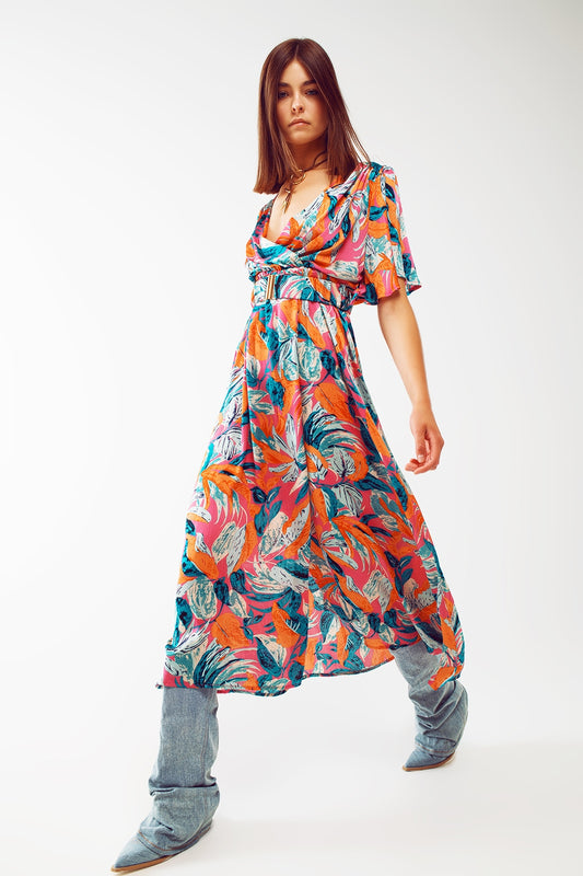 Wrap maxi belted dress with floral print in orange | Just Cool Beans — dresses