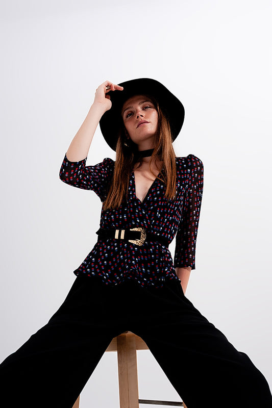 Wrap polka dot chiffon top in black | Just Cool Beans — shirts | tops