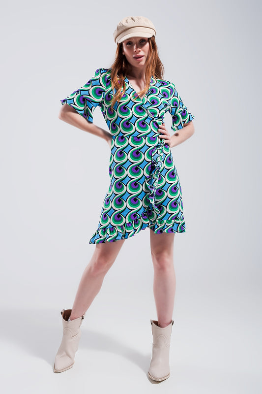 Wrap ruffle hem mini dress in 70s blue print | Just Cool Beans — dresses