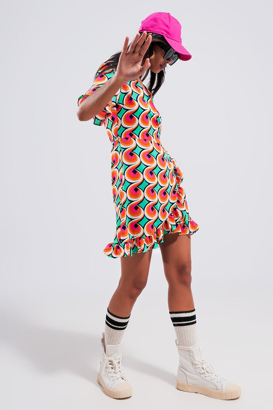 Wrap ruffle hem mini dress in 70s orange print | Just Cool Beans — dresses