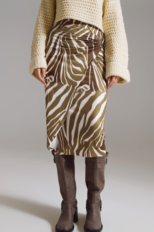 Wrap skirt with gathered detail at the side in olive green and cream zebra print | Just Cool Beans — skirts
