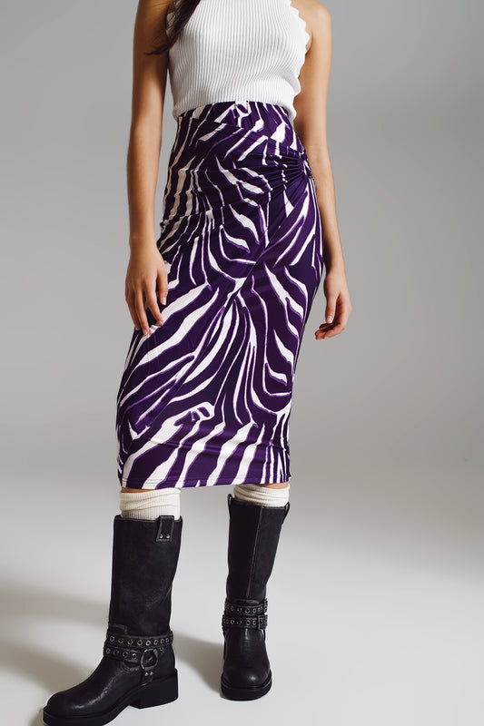 Wrap skirt with gathered detail at the side in purple and cream zebra print | Just Cool Beans — skirts