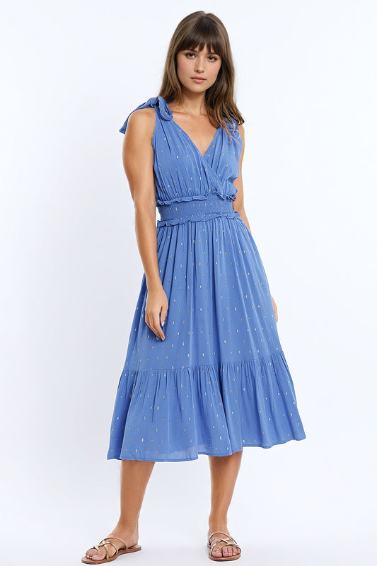 Wrapped blue midi dress with smock detail at the waist and golden polka dots | Just Cool Beans — dresses