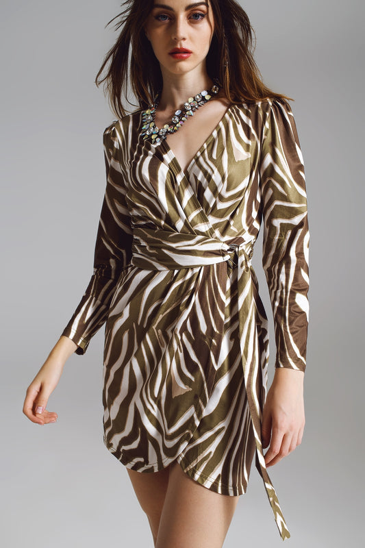 Wrapped long sleeve dress with belt in cream and olive green zebra print | Just Cool Beans — dresses