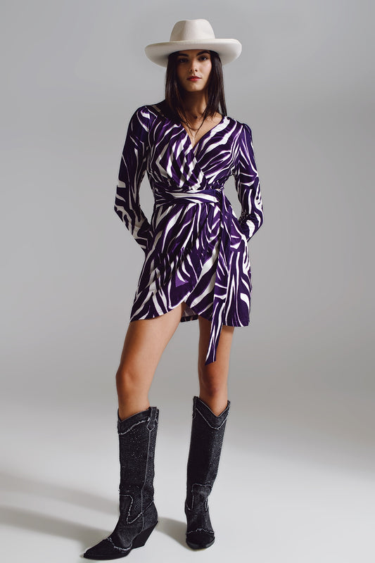 Wrapped long sleeve dress with belt in cream and purple zebra print | Just Cool Beans — dresses