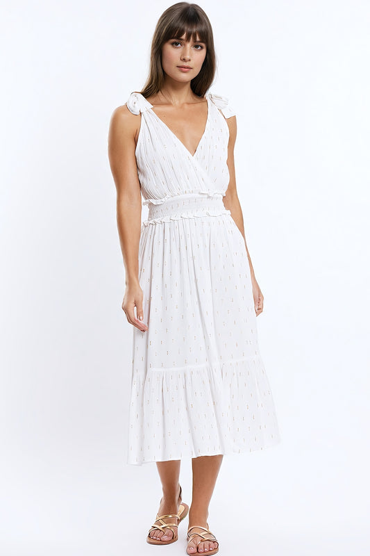 Wrapped white midi dress with smock detail at the waist and golden polka dots | Just Cool Beans — dresses