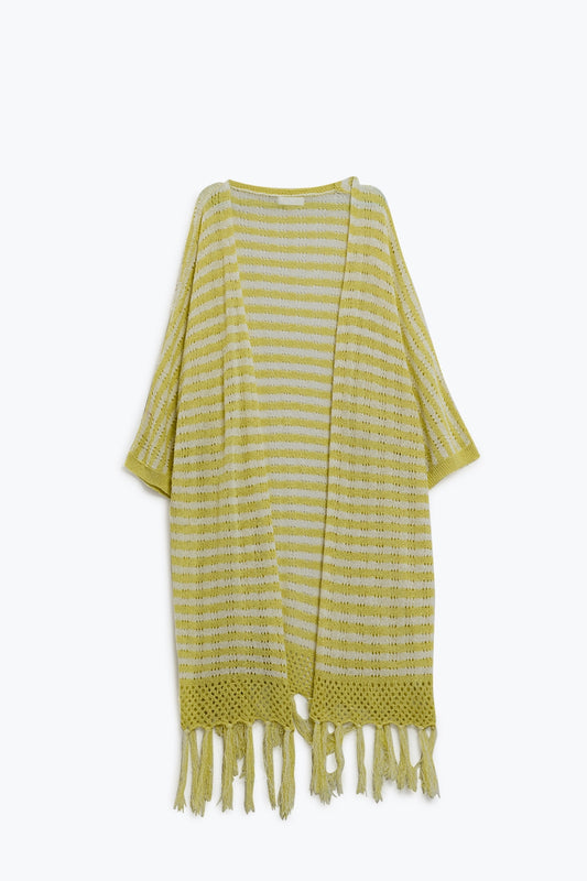 Yellow boho style cardigan with stripes pointelle knit and fringe details | Just Cool Beans — sweaters | tops