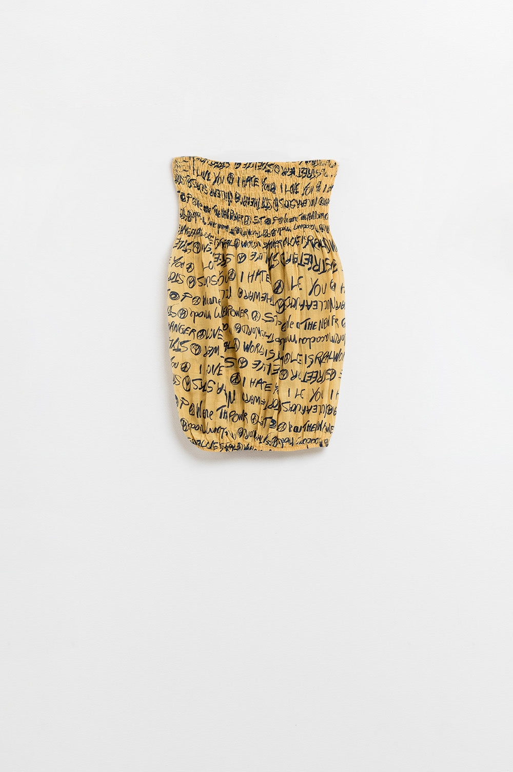 Yellow elastic strapless top with black lettering | Just Cool Beans — shirts | tops