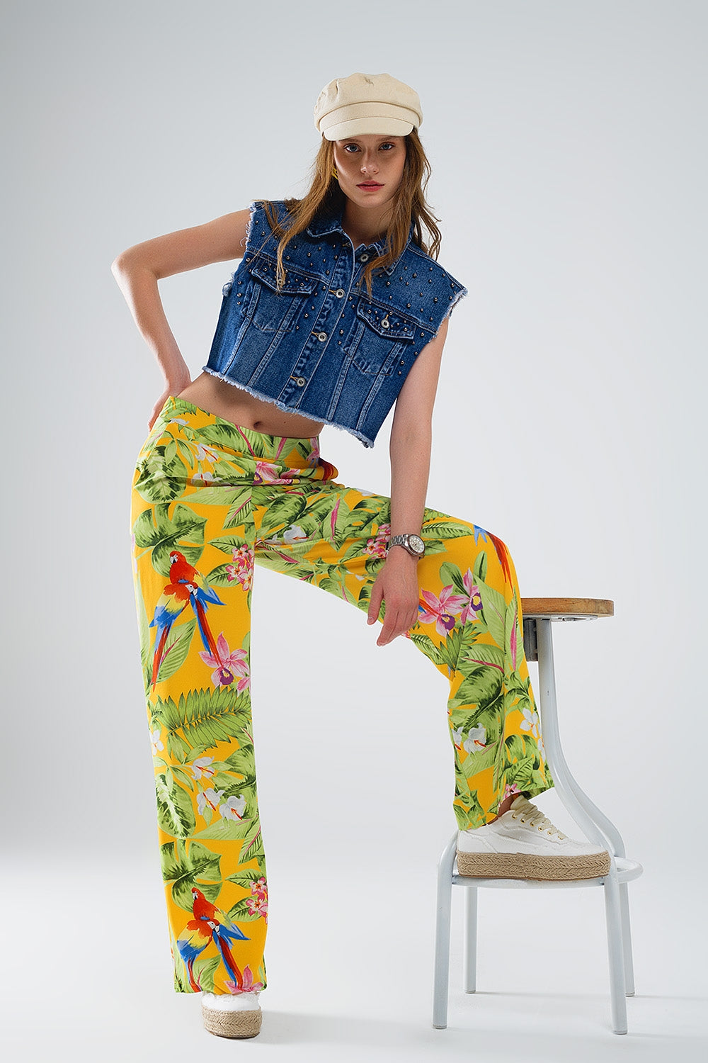 Yellow pants with tropical print with zip side | Just Cool Beans — pants | bottoms