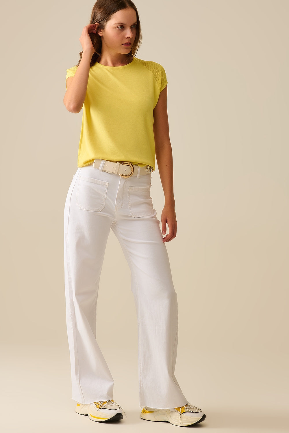 Yellow Short Sleeve Sweater with Knitted Mesh on the Shoulder