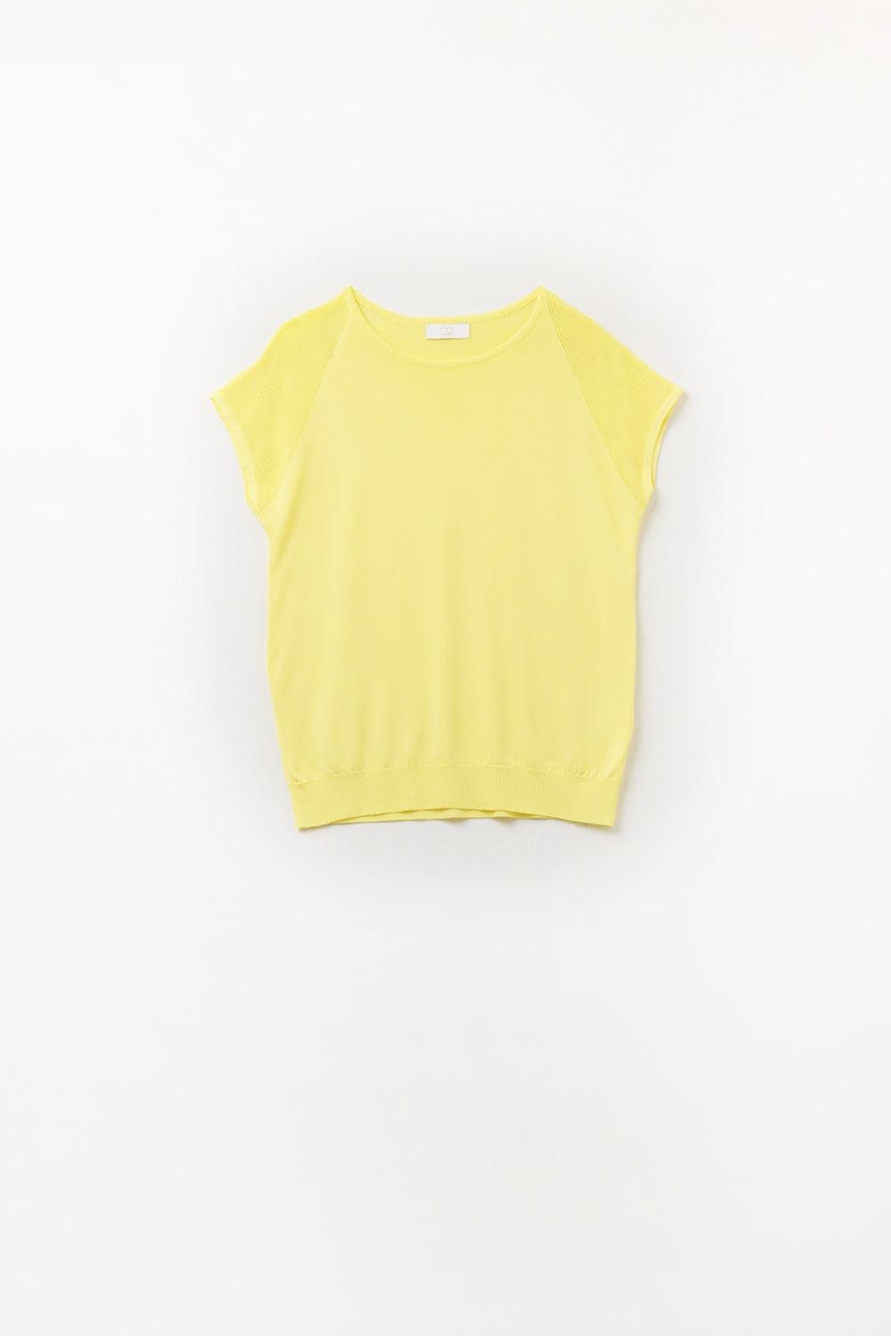 Yellow Short Sleeve Sweater with Knitted Mesh on the Shoulder