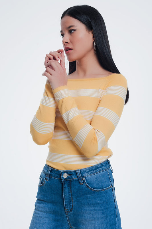 Yellow striped sweater with boat neck | Just Cool Beans — sweaters | tops