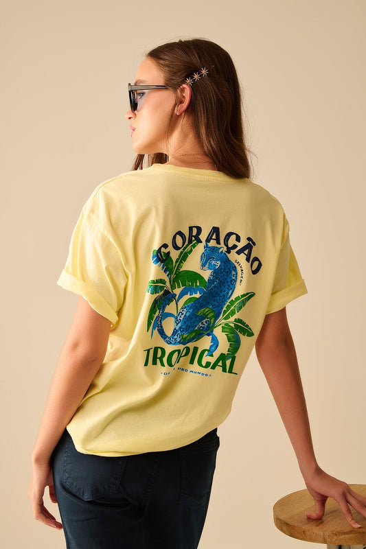 Yellow  t-shirt made in italy with tropical graphic print | Just Cool Beans — tops