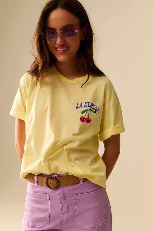 Yellow t-shirt with la cerise market saint-tropez graphic | Just Cool Beans — tops