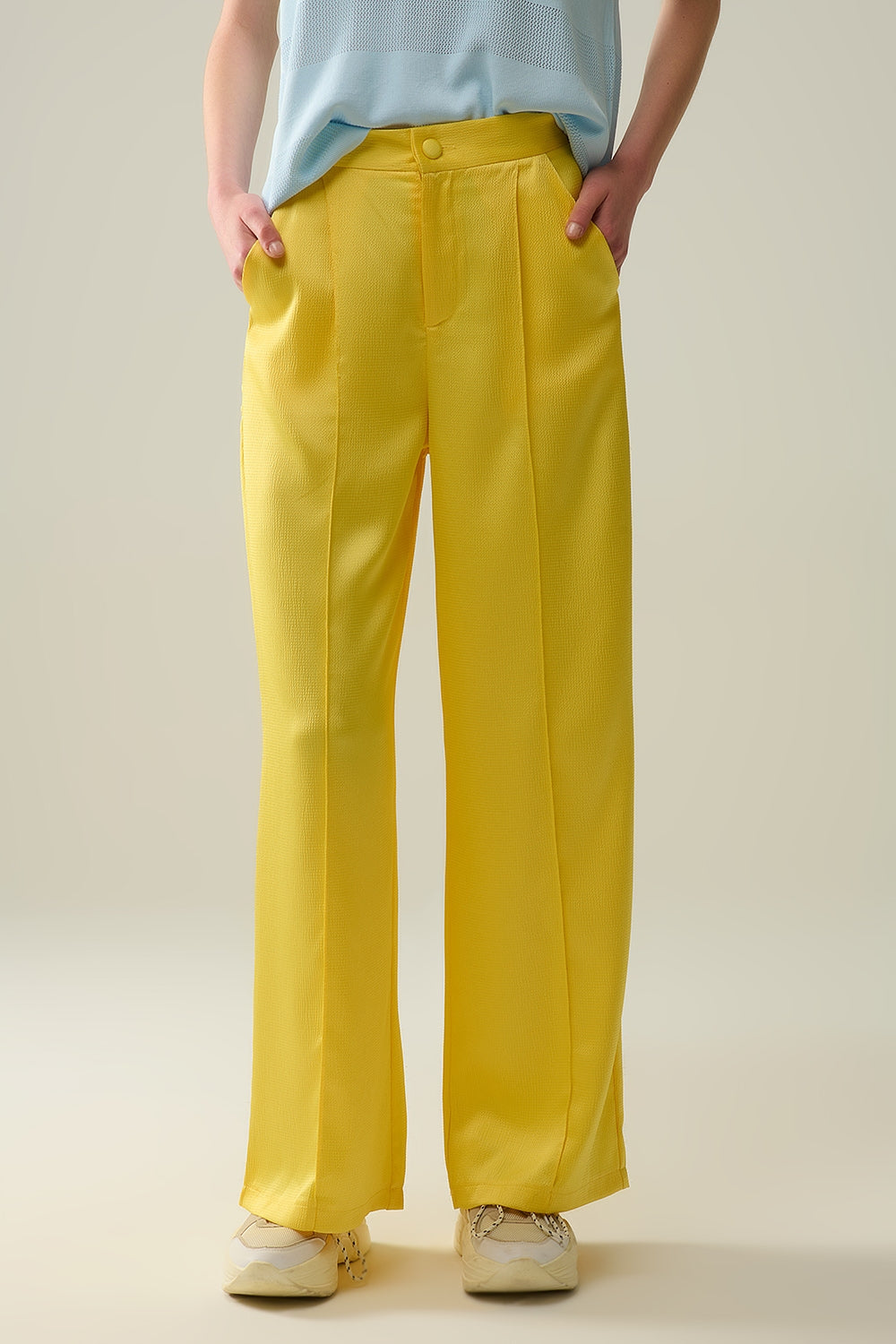 Yellow wide leg pants in textured satin | Just Cool Beans — pants | bottoms